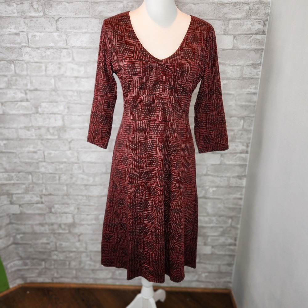 Toad&Co Midi Dress Red Black Geometric Stretch Organic Cotton Casual Medium